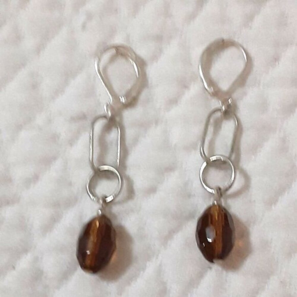 2" simple silver tone hoop drop earrings amber tone resin bead